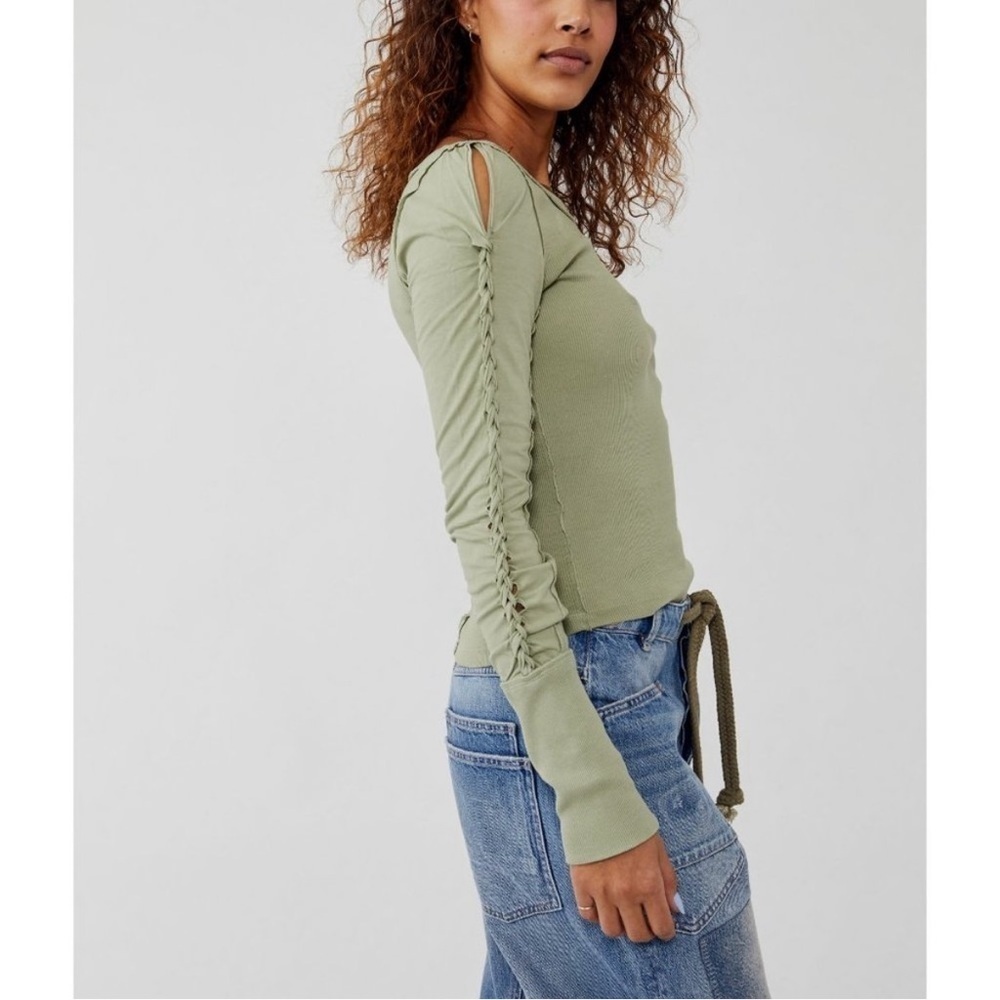 Free People We The Free Top Daisy Chain Cuff Long Sleeve Tee Green Tea Leaves L - Picture 3 of 14